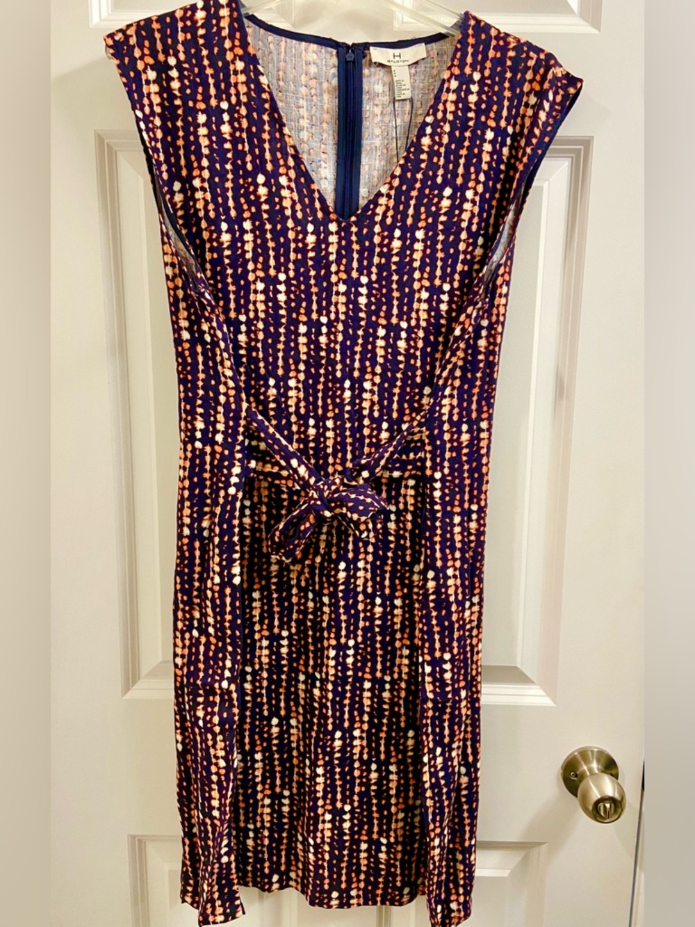 NWT Women's Halston Sleeveless Dress Medium V Neck Belted Zip Up Navy Multi Dot